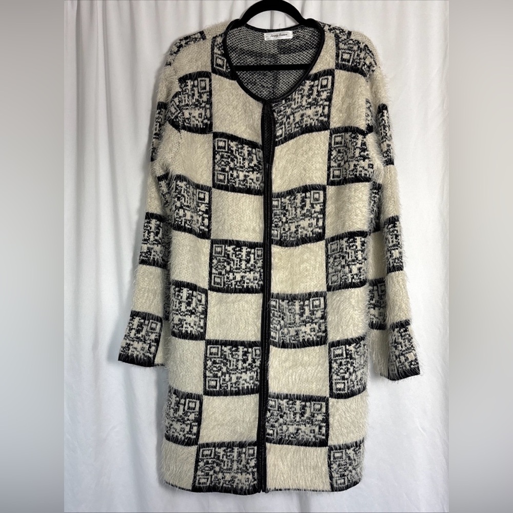 Simply Long Cardigan Sweater Wool Blend Black/Ivory Abstract Old Money Women’s L
